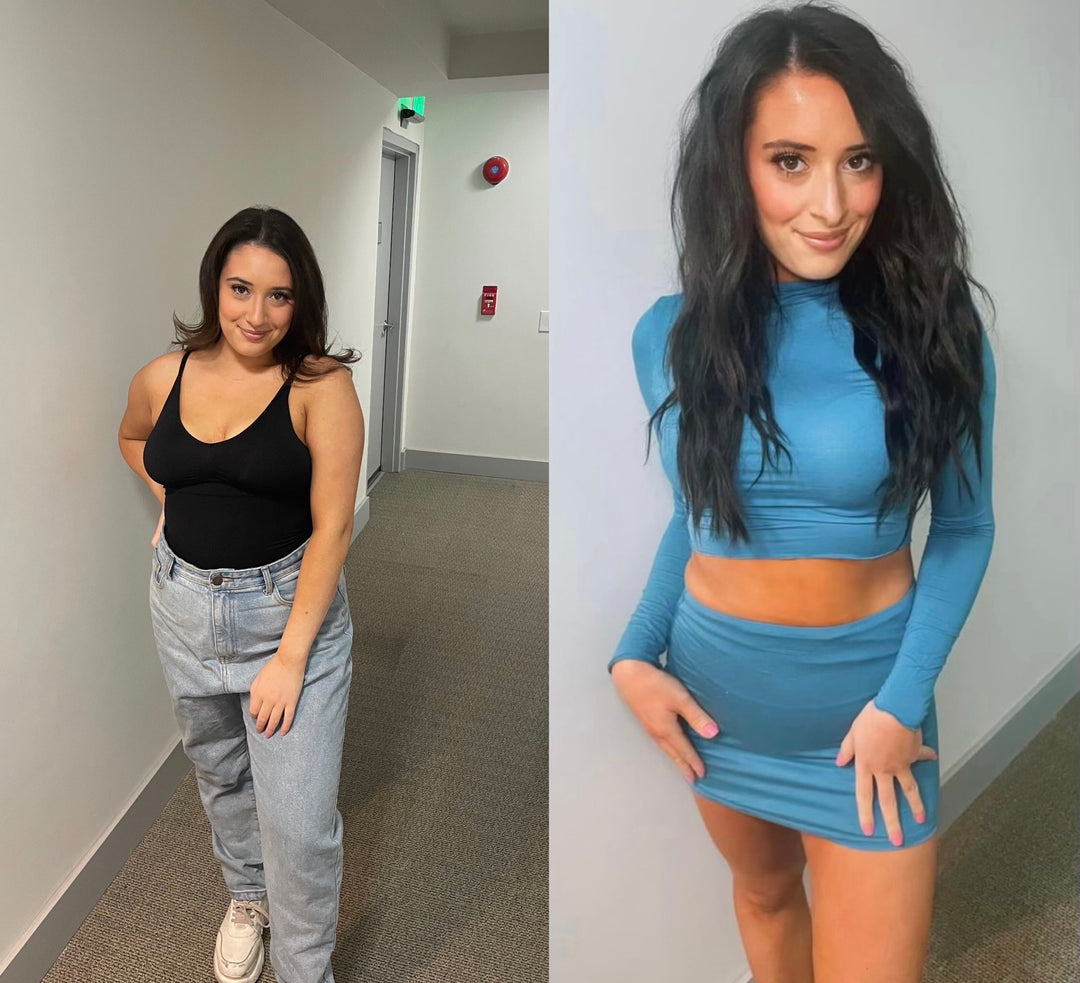 Before and after fitness transformation showing remarkable weight loss journey - left photo in casual wear with jeans and black top, right photo in fitted blue workout set demonstrating significant health and fitness progress at Jamin Fitness