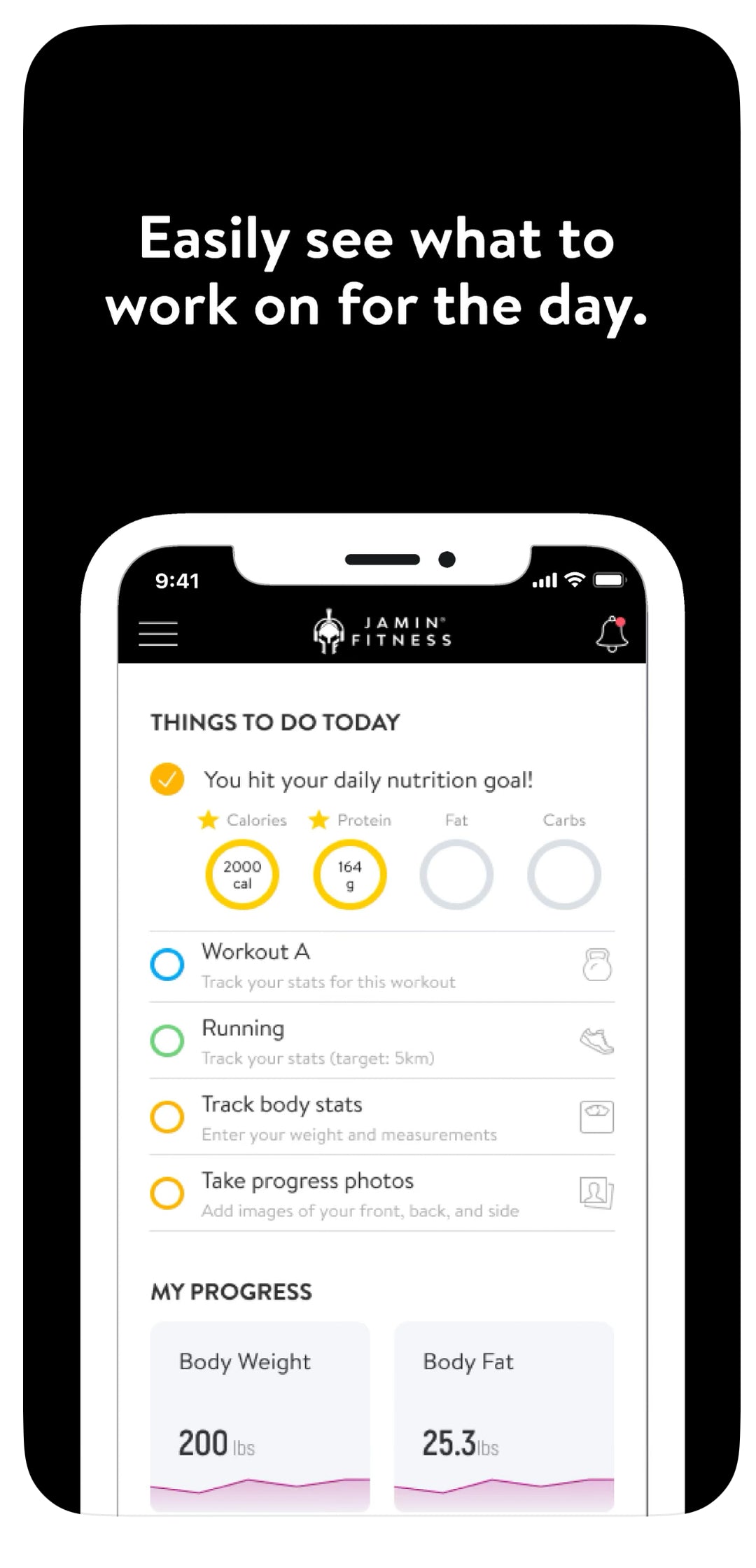 Jamin Fitness mobile app interface showing daily progress tracker with nutrition goals achieved (2000 calories, 164g protein), workout schedule, running goals, and body stats tracking in clean black and white design