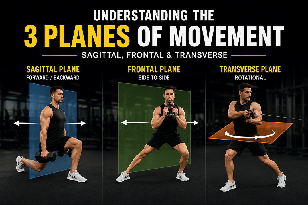 Infographic explaining the three planes of movement with sagittal, frontal, and transverse exercise examples.