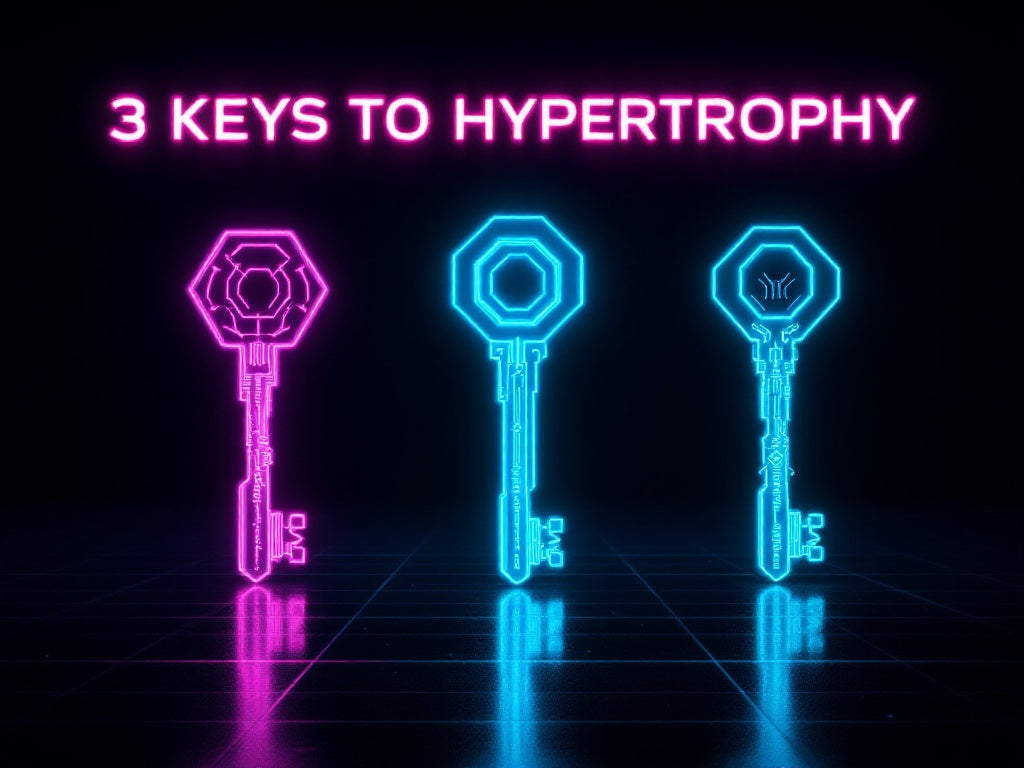 3 Keys to Hypertrophy - Neon pink and blue fitness keys on black background, modern cyberpunk style