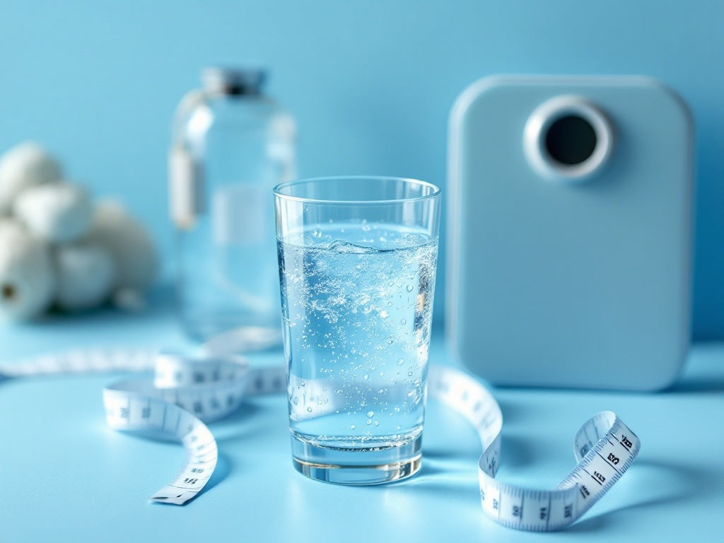 Glass of sparkling water with bubbles on a light blue background, accompanied by a measuring tape, representing hydration and weight loss