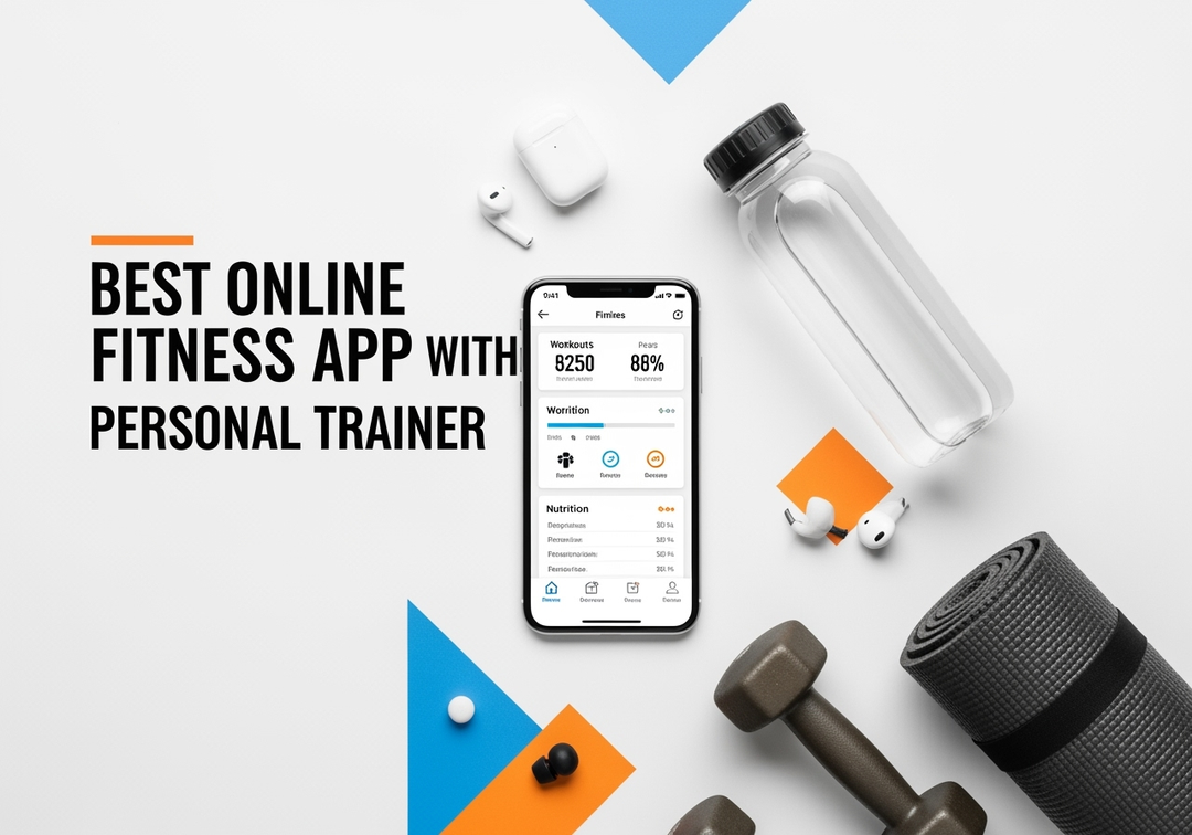 Best online fitness app with personal trainer 2025 - smartphone displaying workout tracking, nutrition planning, and fitness coaching features with gym equipment