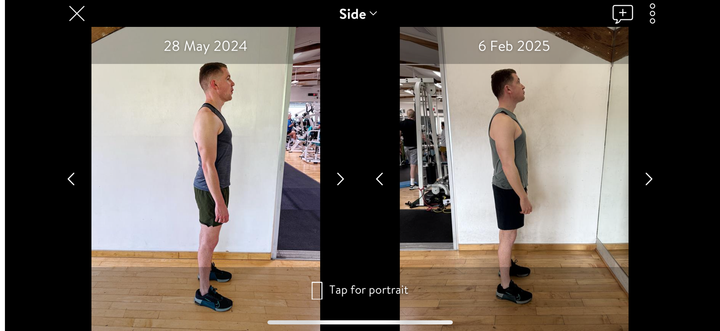 Side-by-side progress comparison showing client posture improvement between May 2024 and February 2025 at Jamin Fitness, demonstrating professional photography and consistent measurement approach