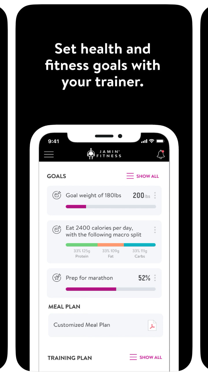 Jamin Fitness app goals screen showing weight target progress (180 of 200 lbs), daily nutrition plan with balanced macro split (2400 calories, 125g protein, 109g fat, 111g carbs), and 52% marathon training progress in modern interface
