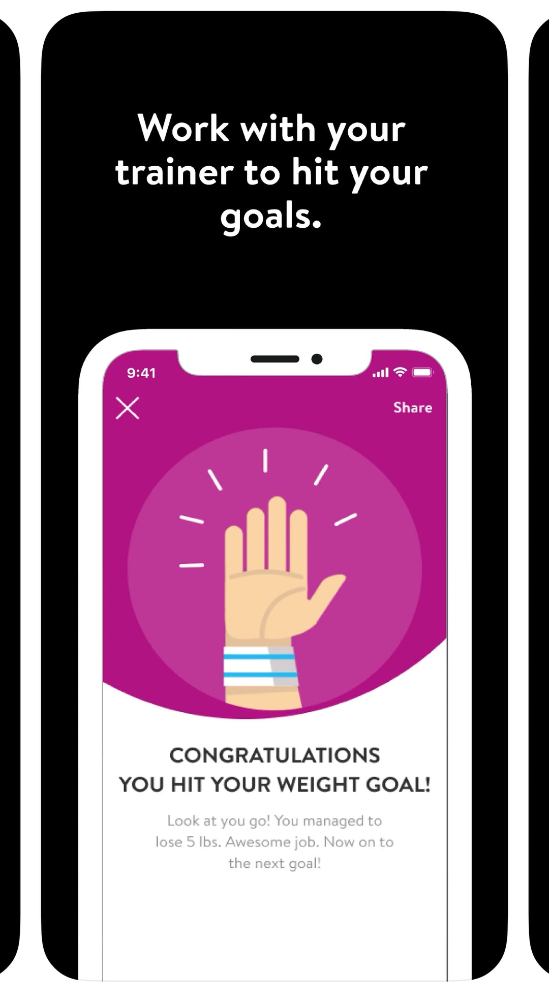 Jamin Fitness app celebration screen featuring animated high-five hand icon on vibrant purple background with 'Congratulations' message, showcasing milestone achievement with shareable social feature