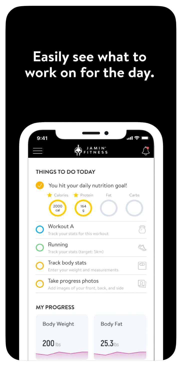 Jamin Fitness mobile app interface showing daily progress tracker with nutrition goals achieved (2000 calories, 164g protein), workout schedule, running goals, and body stats tracking in clean black and white design