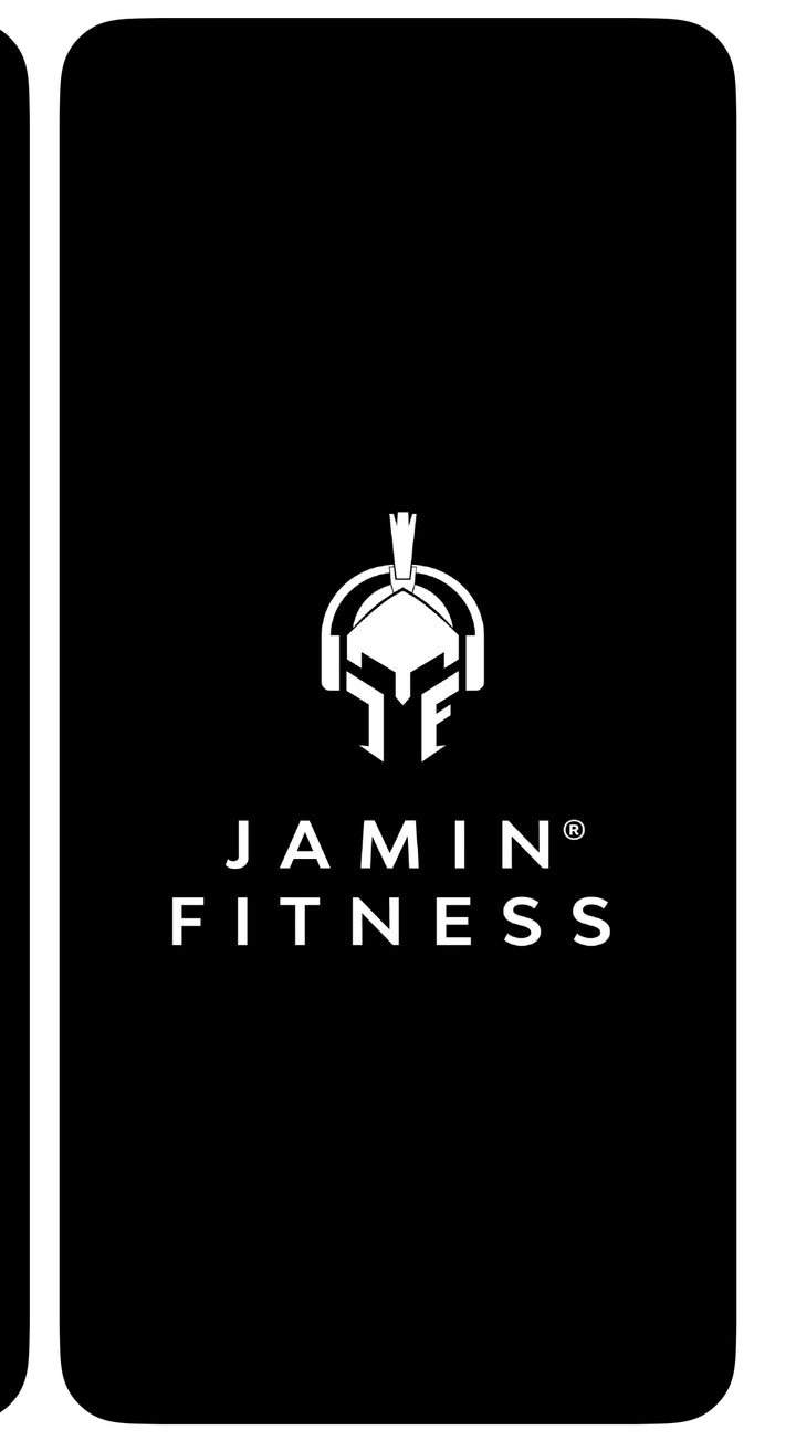 Official Jamin Fitness logo lockup featuring white spartan helmet with headphones icon above brand name in clean typography on black background, registered trademark professional branding