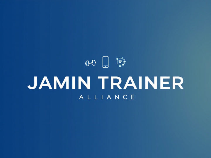 Jamin Trainer Alliance branding on blue gradient background with white icons representing equipment, mobile app, and program planning, showcasing professional training certification program