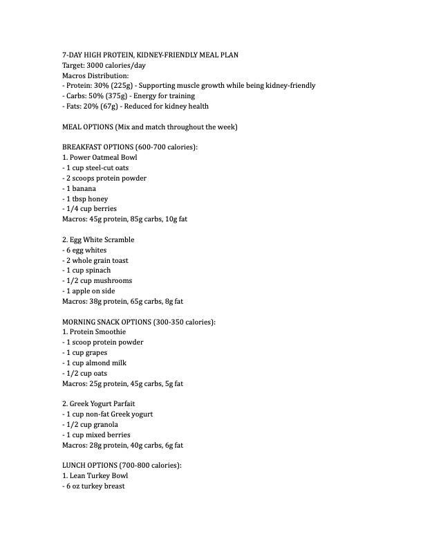 Jamin Fitness 7-day high protein meal plan detailing 3000 calorie target with kidney-friendly macros (30% protein, 50% carbs, 20% fat), including breakfast and snack options with precise measurements