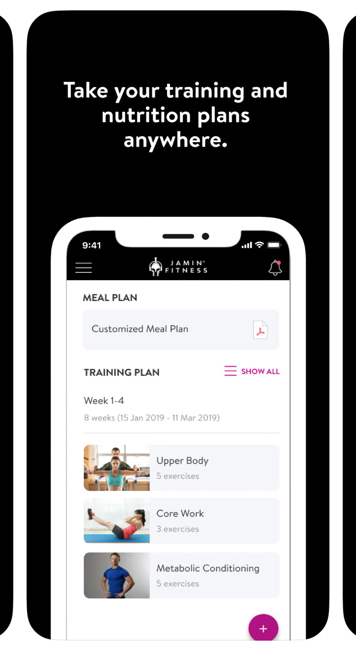 Jamin Fitness app screen showing integrated meal and training plan features, with customizable meal PDF download option, 8-week training schedule, and upper body workout preview displaying 5 exercises
