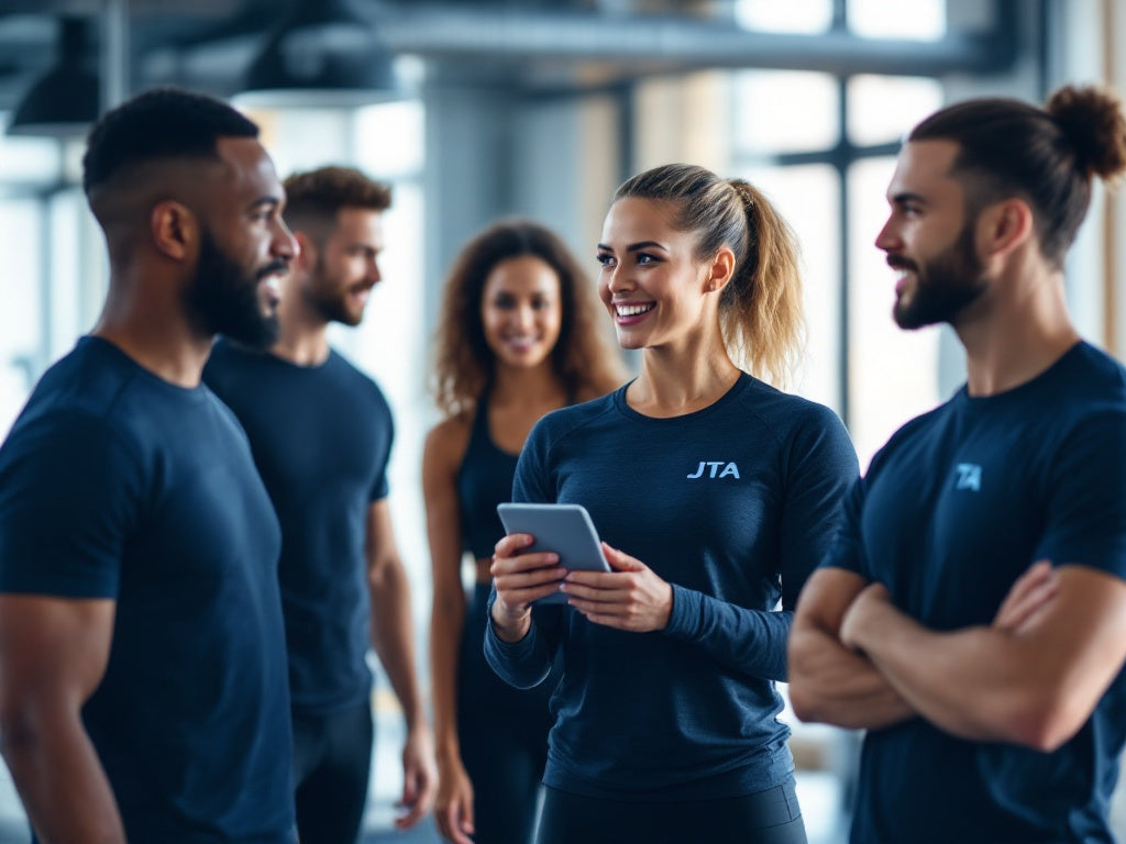 Professional fitness trainers in matching navy uniforms reviewing digital content, showcasing modern gym environment and collaborative team approach to fitness coaching