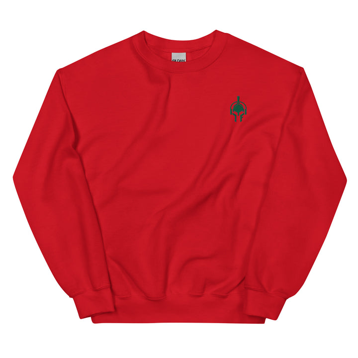 Front-facing red Jamin Fitness sweatshirt with green logo/design, classic unisex crew neck style, displayed on a plain background.